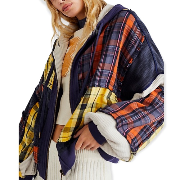 🎉 HP 🎉New Free People We The Free Patch & Reverse XS Blue Yellow Plaid Hoodie - Picture 2 of 4